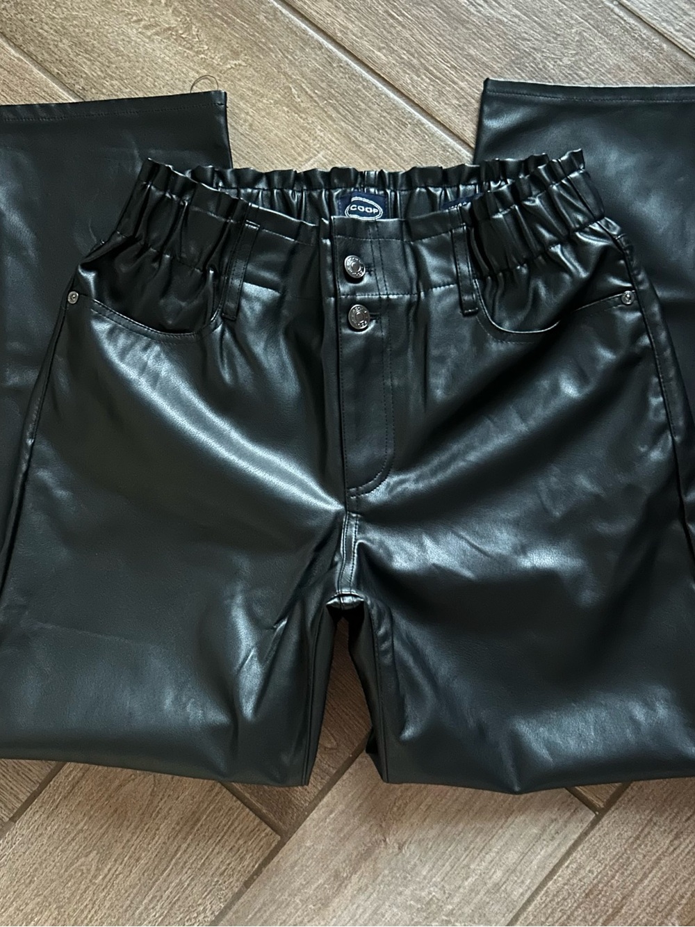 Women's SCOOP Black Faux Leather Straight-Leg Pants with Paperbag Waist